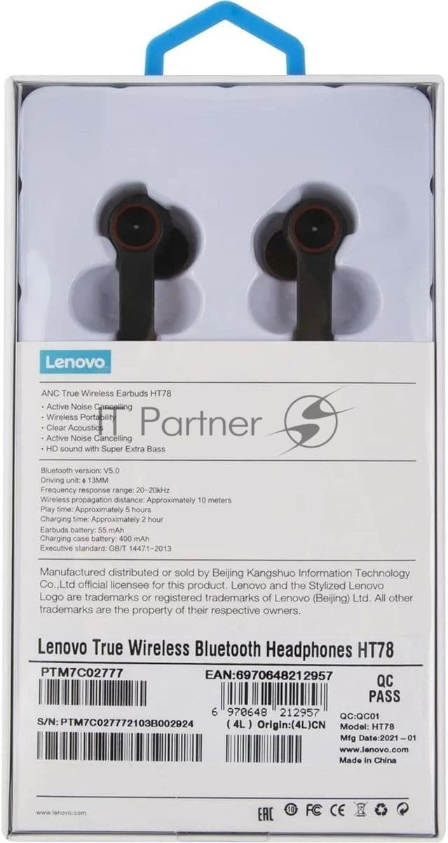 Гарнитура Lenovo HT78 чёрный/красный, беспроводная, Bluetooth 5.0, TWS, встроенный микрофон