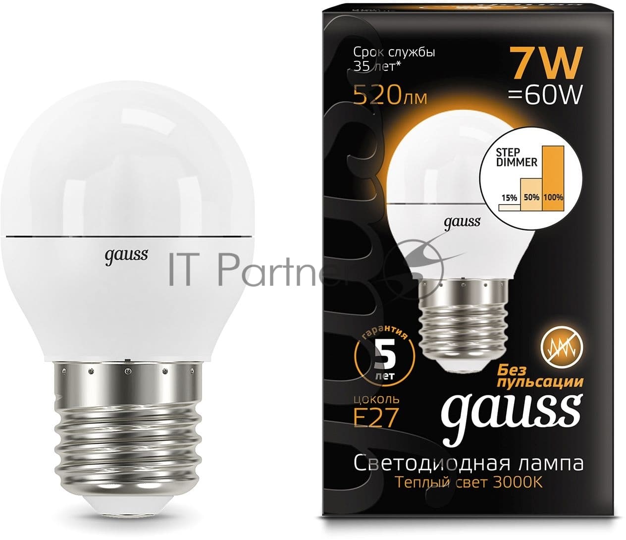 Лампа светодиодная Gauss Black 6.5Вт цок.: E27 шар 220B 3000K св. свеч. бел. теп. G45 (упак.: 10 шт)