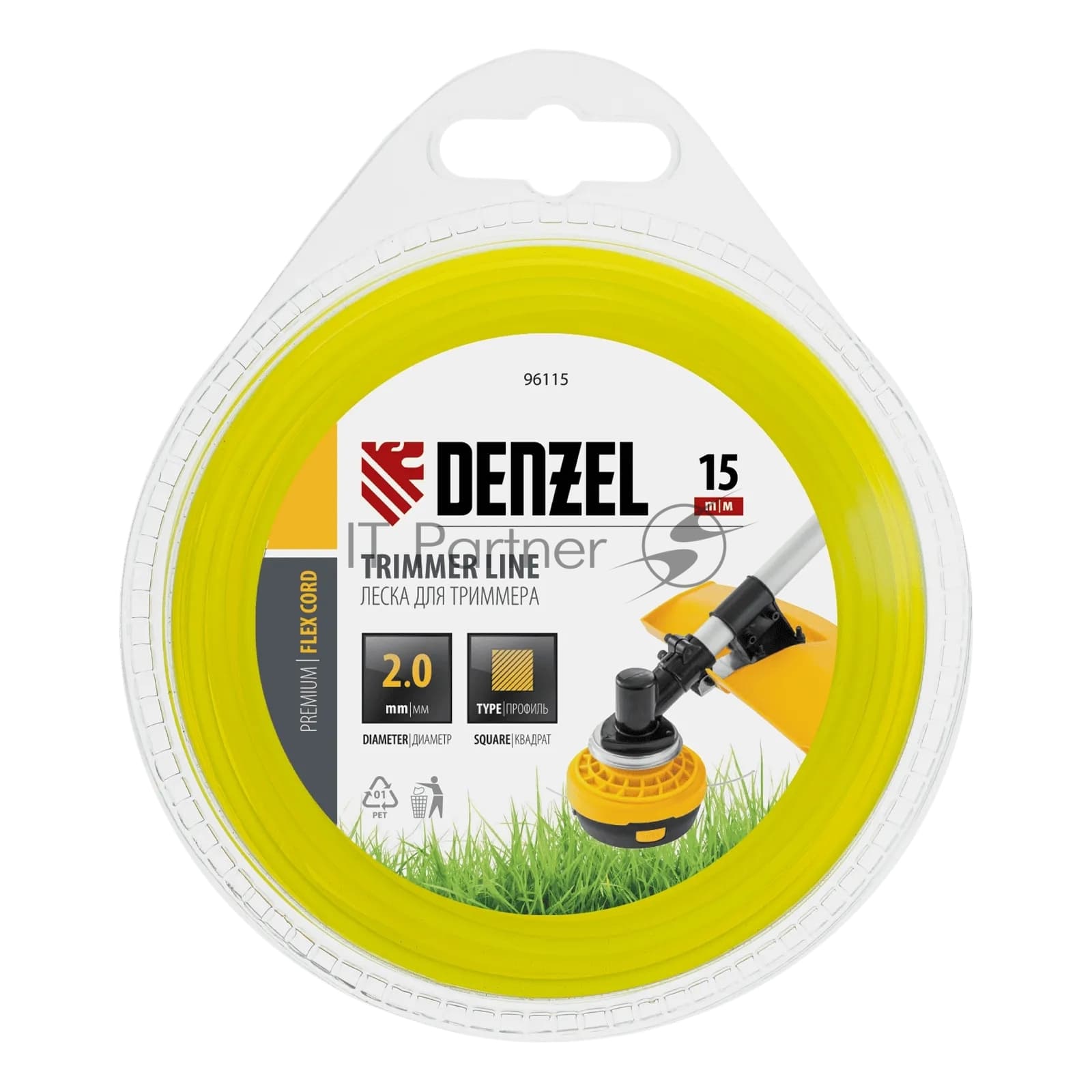 Леска для триммера Denzel квадрат 2 мм х 15 м, блистер FLEX CORD