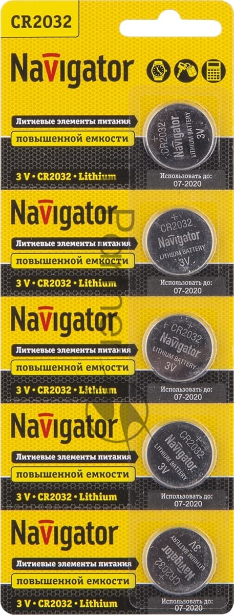 Элемент питания литиевый Navigator CR2032 NBT-CR2032-BP5 (блист.5шт), 3 В