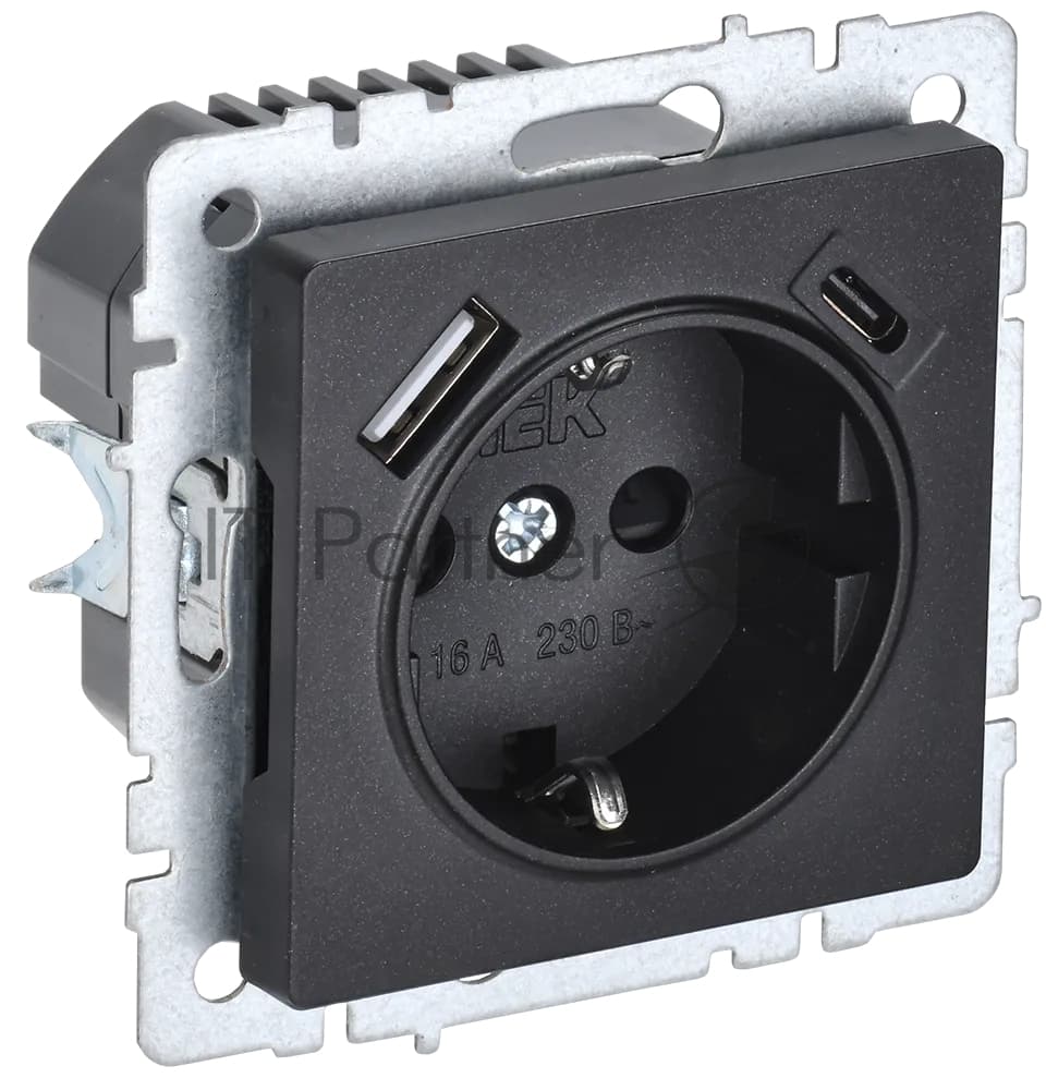 Розетка 1-местная IEK BRITE РЮш11-1-БрЧ (BR-R14-16-U22-018-K02) с заземлением, с защитными шторками, 16А, с USB A+C 18В т, черный