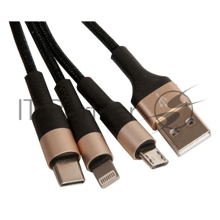 Кабель USB HOCO X26 Xpress 3 в 1 для Lightning, Micro USB, Type-C, 2.0A, длина 1.0м, черный с золотым