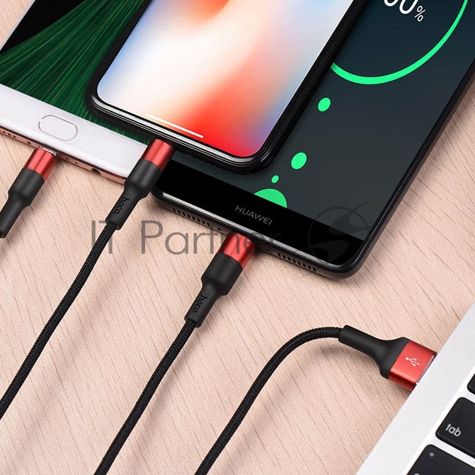 Кабель HOCO USB X26 Xpress 3 в 1 для Lightning, Micro USB, Type-C, 2.0A, 1 м, черный с красным