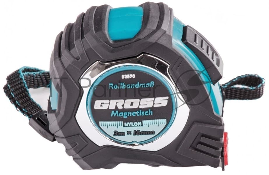 Рулетка Gross Magnetisch, 3 м х 16мм, обрезин. корпус, автоматич. фиксация, нейлон. покр., магн. зацеп