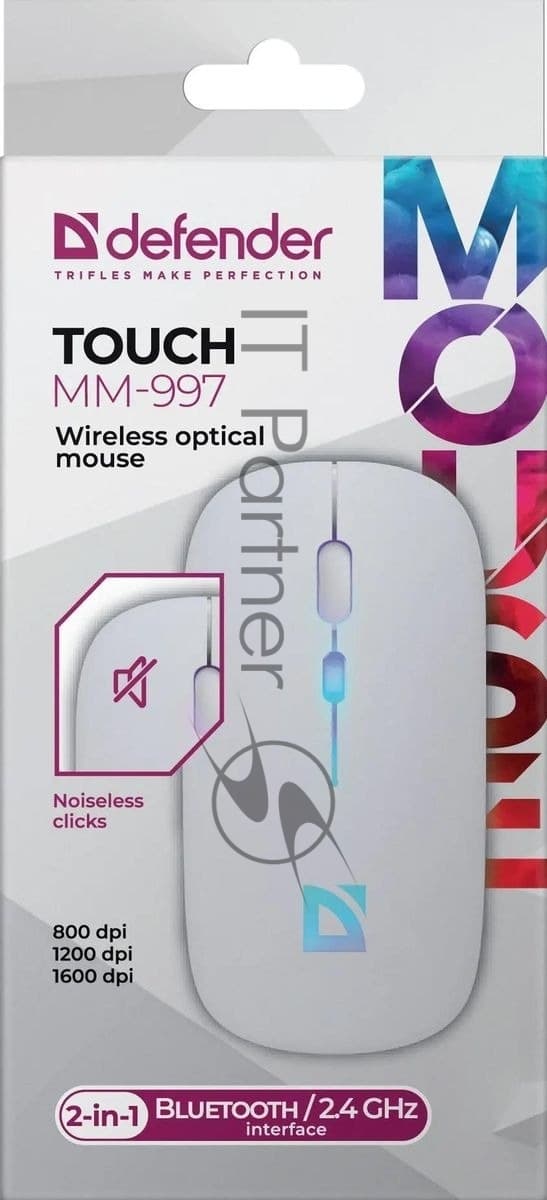 Мышь беспроводная Defender Touch MM-997 белый, 1600 dpi, радиоканал, Bluetooth, USB, кнопки - 4