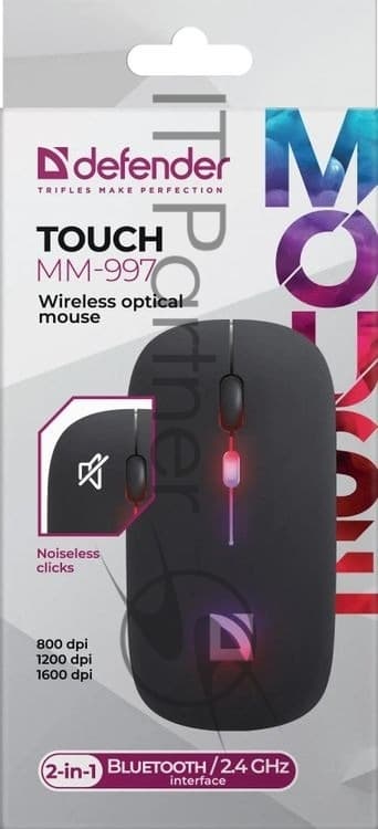 Defender Беспроводная оптическая мышь Touch MM-997 черн,2.4+BT,RGB,400mAh,бесшумная