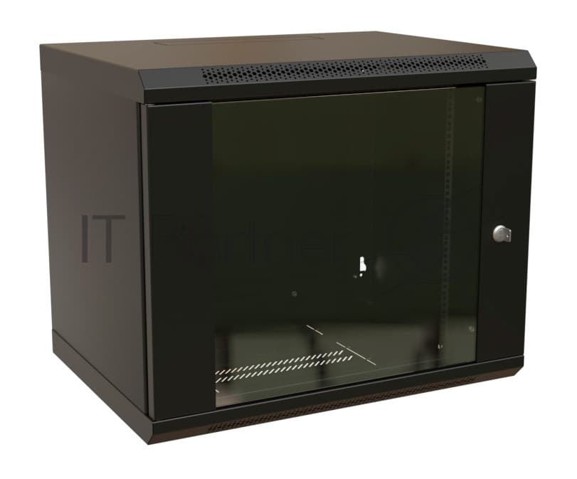 Шкаф коммутационный WRline (WR-TW-1245-GP-RAL9004) настенный 12U 600x450 мм пер. дв. стекл 2 бок. пан. 60 кг черный 370 мм 650 мм IP20 сталь