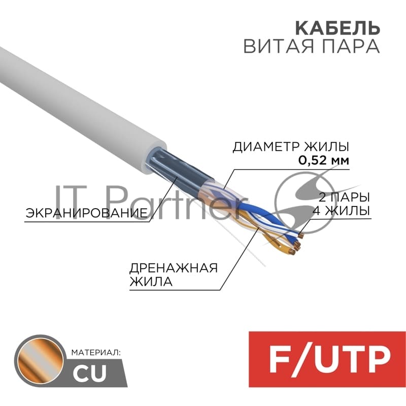 Кабель витая пара Rexant F/UTP, cat.5e, ZH нг(А)-HF, 2х2х0,52 мм, 24AWG, INDOOR, SOLID, серый, 305 м PRO