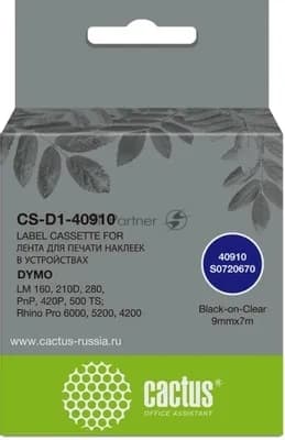 Cactus CS-D1-40910 Картридж ленточный 9мм черный на прозрачном 7м