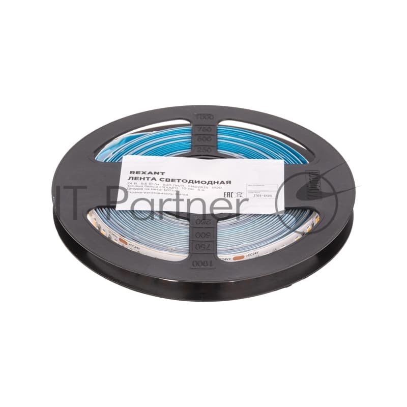 Лента светодиодная Rexant 24В, SMD2835, 9,6Вт/м, 120 LED/м, 3000K, 10мм, 5м, IP20