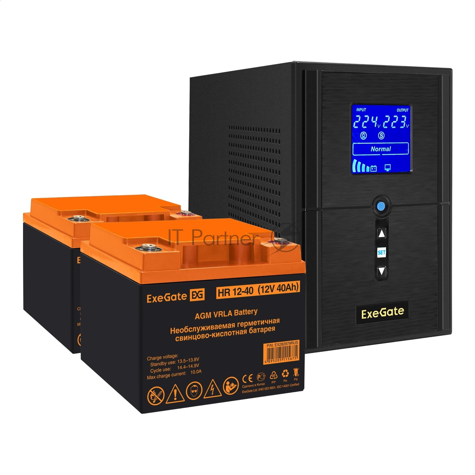 ИБП + батарея ExeGate SineTower SZ-1000.LCD.AVR.2SH.1C13.USB + 2x HR 12-40 (40Ач)
