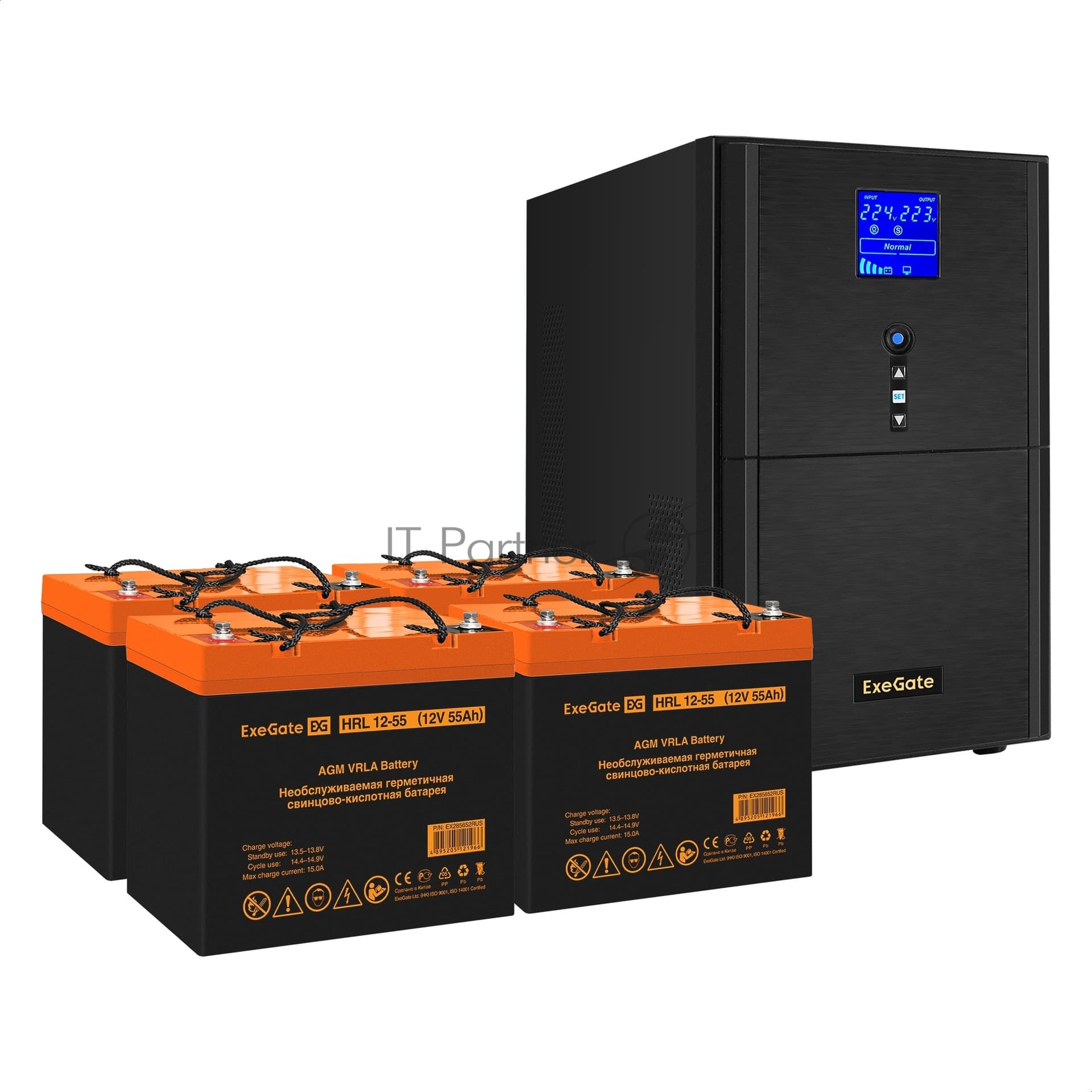 Комплект Источник бесперебойного питания EX295991RUS + батарея 55Aч EX285652RUS 4шт (инвертор, синус, для котла) ExeGate SineTower SZ-5000.LCD.AVR.2SH.1C13.T.RJ.USB <5000VA/4000W, чистый синусоида, LCD дисплей, AVR, 2*Schuko+1*C13+клеммы, RJ45/11, USB, линейно-интерактивный, черный> + батарея ExeGate HRL 12-55 (12В, 55А·ч) 4шт