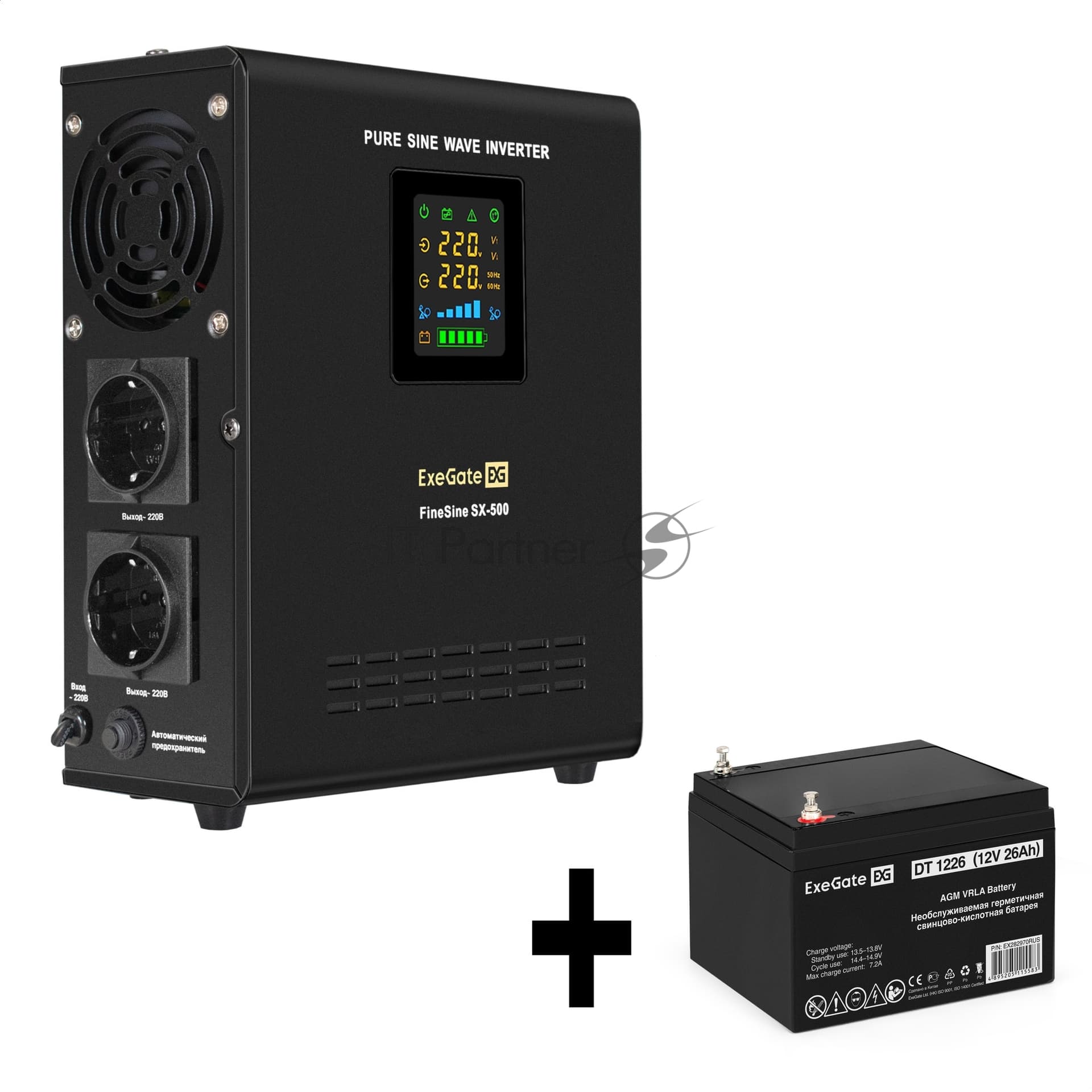 ИБП + батарея ExeGate FineSine SX-500.LCD.AVR.2SH + DT 1226 (26Ач)