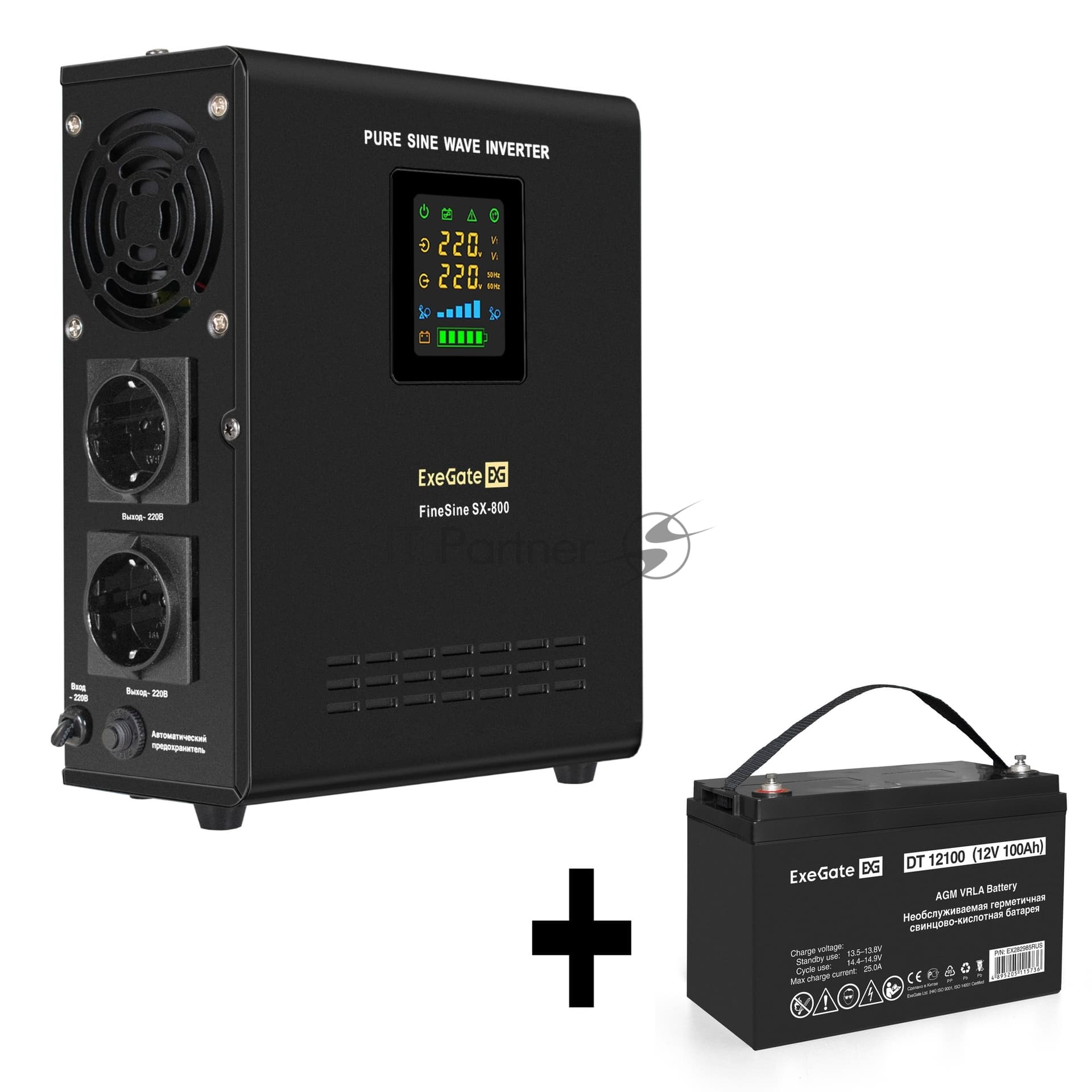 ИБП + батарея ExeGate FineSine SX-800.LCD.AVR.2SH + DT 12100 (100Ач)