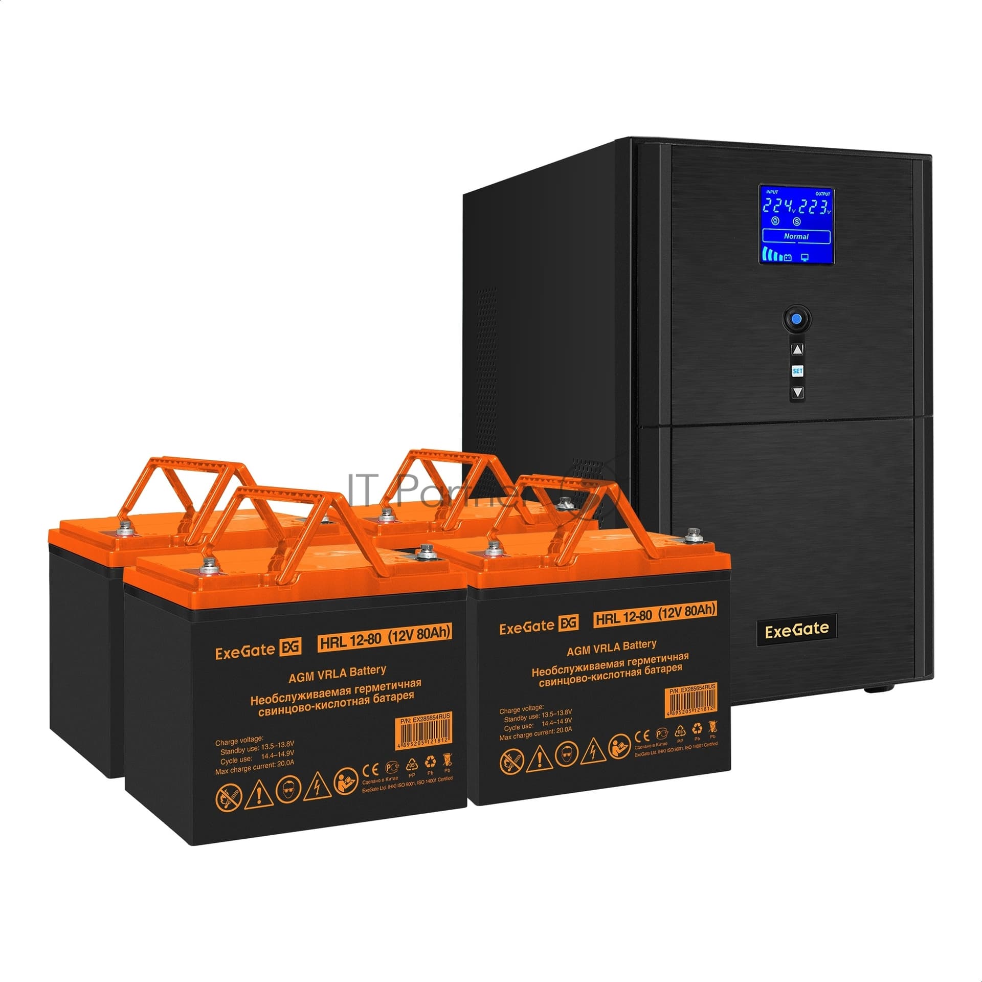 Комплект Источник бесперебойного питания EX295991RUS + батарея 80Aч EX285654RUS 4шт (инвертор, синус, для котла) ExeGate SineTower SZ-5000.LCD.AVR.2SH.1C13.T.RJ.USB <5000VA/4000W, чистый синусоида, LCD дисплей, AVR, 2*Schuko+1*C13+клеммы, RJ45/11, USB, линейно-интерактивный, Black> + батарея ExeGate HRL 12-80 (12В, 80Ач) 4шт
