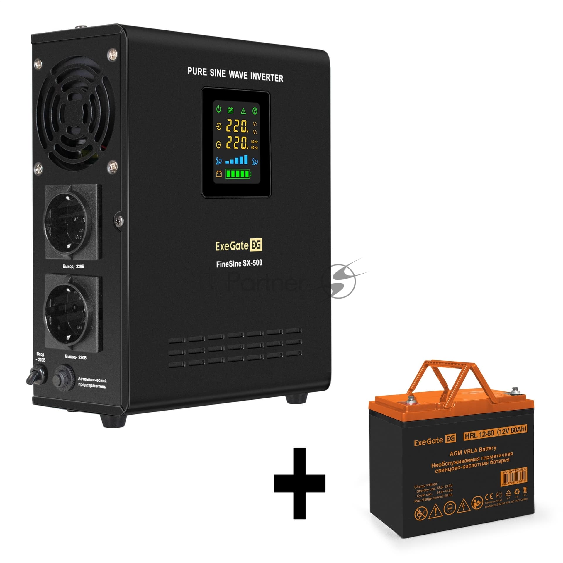 ИБП + батарея ExeGate FineSine SX-500.LCD.AVR.2SH + HRL 12-80 (80Ач)