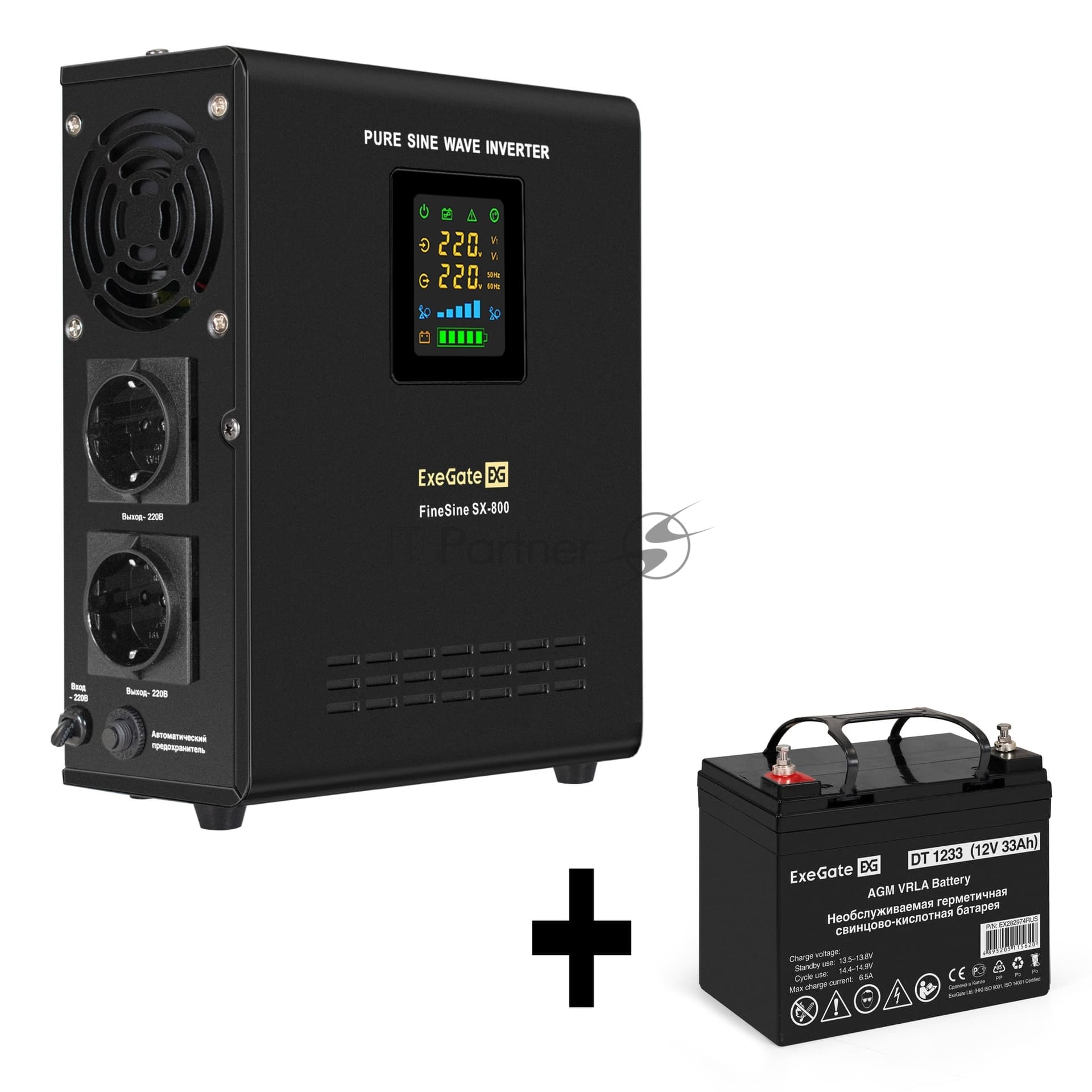 ИБП + батарея ExeGate FineSine SX-800.LCD.AVR.2SH + DT 1233 (33Ач)