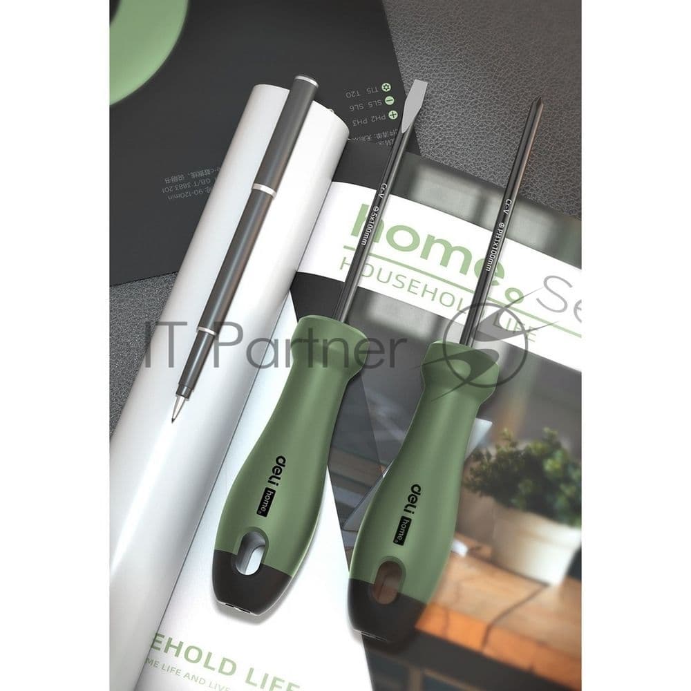 Набор отверток "Home Series Green" Deli HT1002L 2шт SL5x100+PH1x100, эксклюзивный дизайн, рукоятка из высококачественного софттач пластика