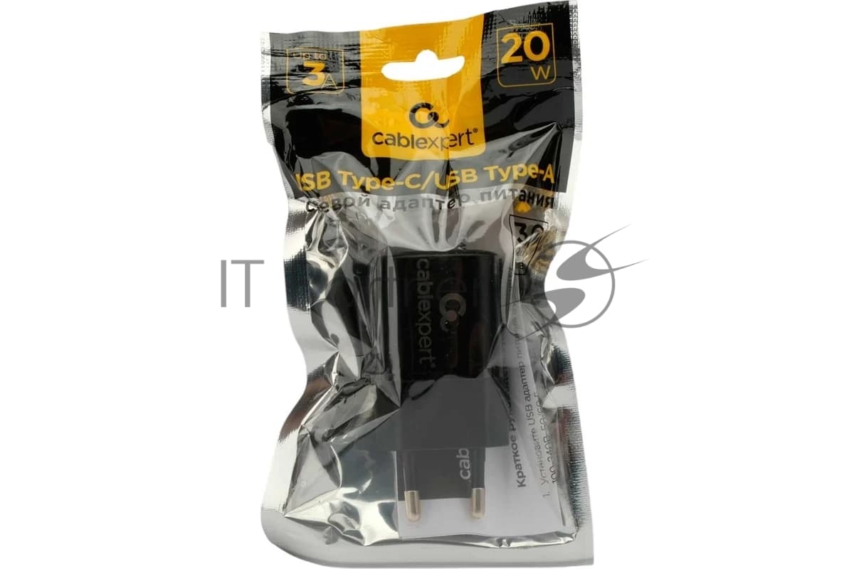 Сетевое зарядное устройство Cablexpert 20Вт, 3А, QC3.0/PD, 1xUSB, 1xType-C, черный, пакет