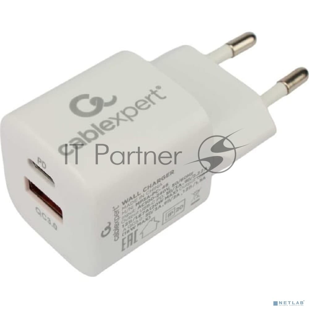 Сетевое зарядное устройство Cablexpert 20Вт, 3А, QC3.0/PD, 1xUSB, 1xType-C, белый, пакет