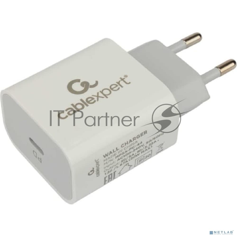 Сетевое зарядное устройство Cablexpert 20Вт, 3А, QC3.0/PD, 1xType-C, белый, пакет