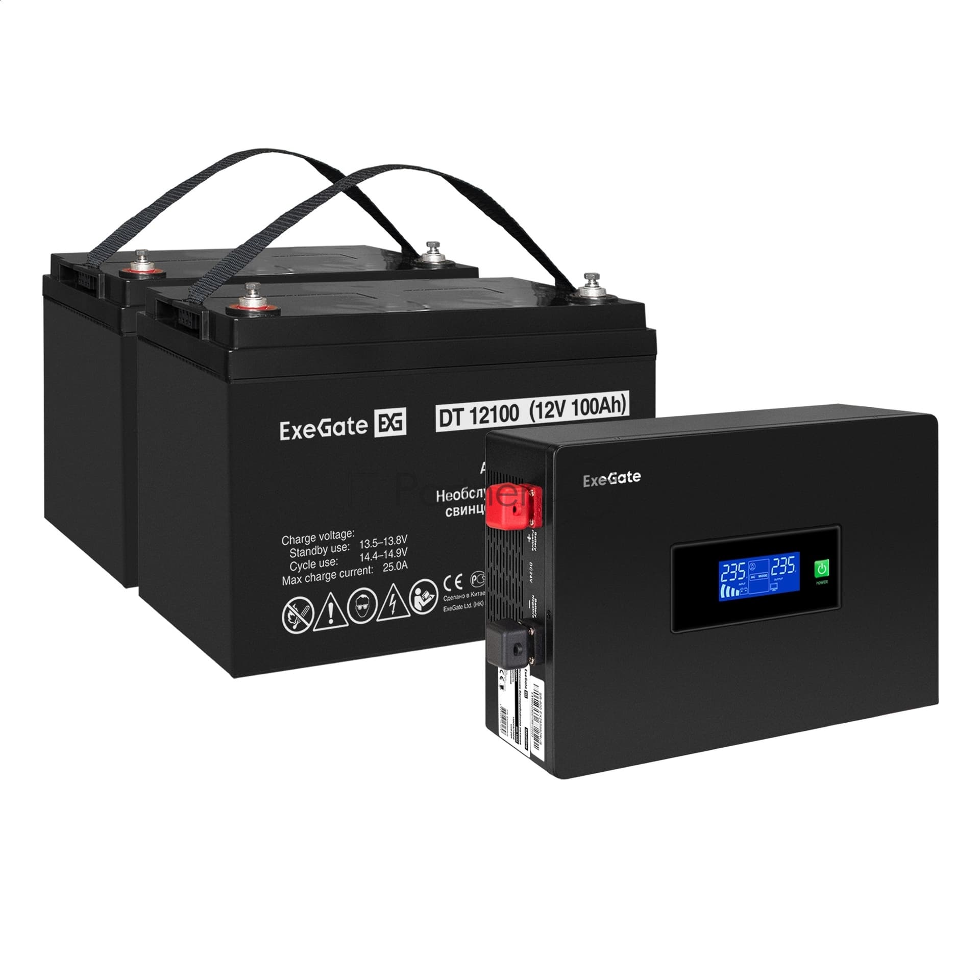 Комплект Источник бесперебойного питания EX295994RUS + батарея 100Aч EX282985RUS 2шт (инвертор, синус, для котла, PF=1, настенный) ExeGate IdealSine SR-1500.LCD.2SH <1500VA/1500W, чистая синусоида, цветной LCD-дисплей, 2*Schuko, крепление настенное, черный> + батарея ExeGate DT 12100 (12В, 100Ач) 2шт