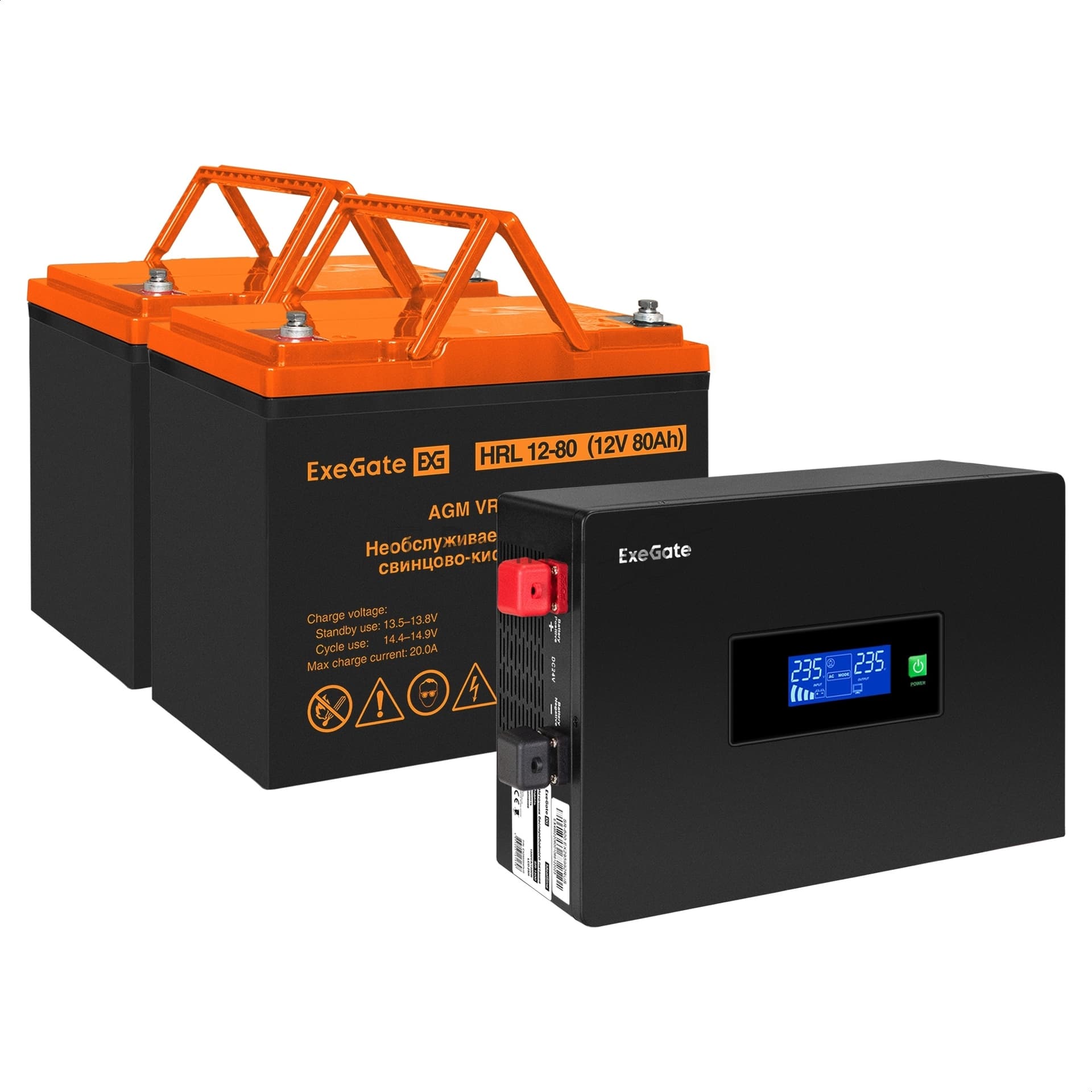 Комплект Источник бесперебойного питания EX295994RUS + батарея 80Aч EX285654RUS 2шт (инвертор, синус, для котла, PF=1, настенный) ExeGate IdealSine SR-1500.LCD.2SH <1500VA/1500W, чистая синусоида, цветной LCD-дисплей, 2*Schuko, крепление настенное, Black> + батарея ExeGate HRL 12-80 (12В, 80Ач) 2шт