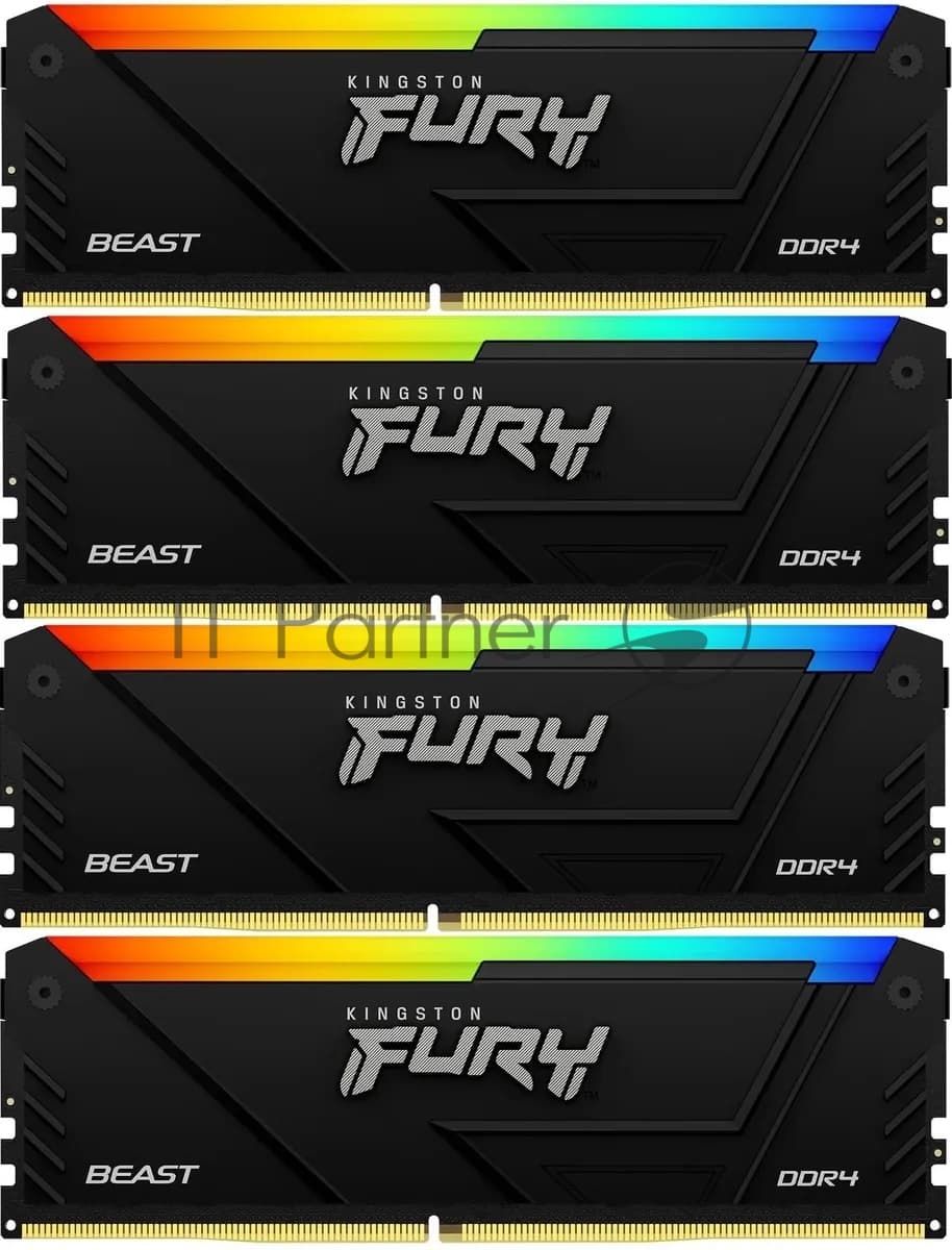 Оперативная память Kingston Fury Beast, DDR4, 32GB (4x8GB), 3200MHz, CL16, DIMM, с радиатором, RGB, черный