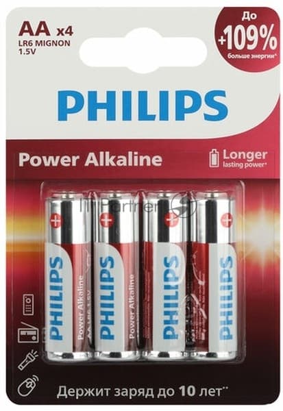 Philips Батарейки LR6P4B/51 АА алкалиновые 1,5v, LR6-4BL Power (4/48/144/18432). Блистер 4 шт.