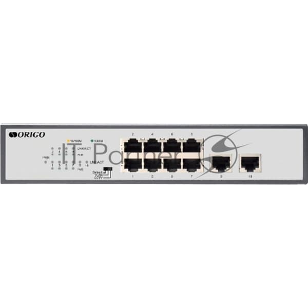 Коммутатор ORIGO Неуправляемый PoE-коммутатор, 8x1000Base-T PoE, 2x1000Base-T, PoE-бюджет 120 Вт, PoE до 250 м, комплект для установки в 19" стойку