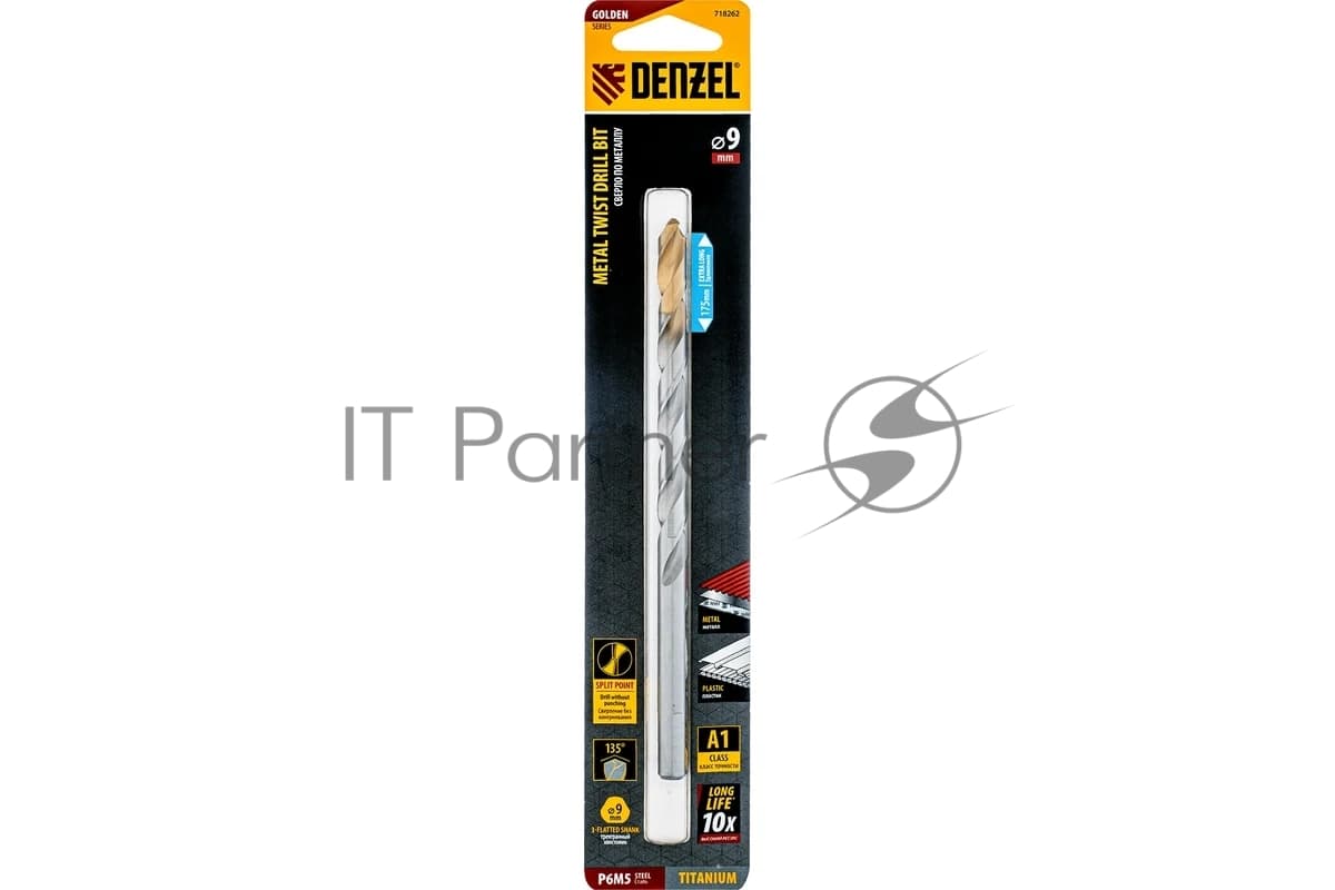 Сверло спиральное по металлу Denzel 9 х 175 мм, Р6М5, Golden Tip, удлиненное