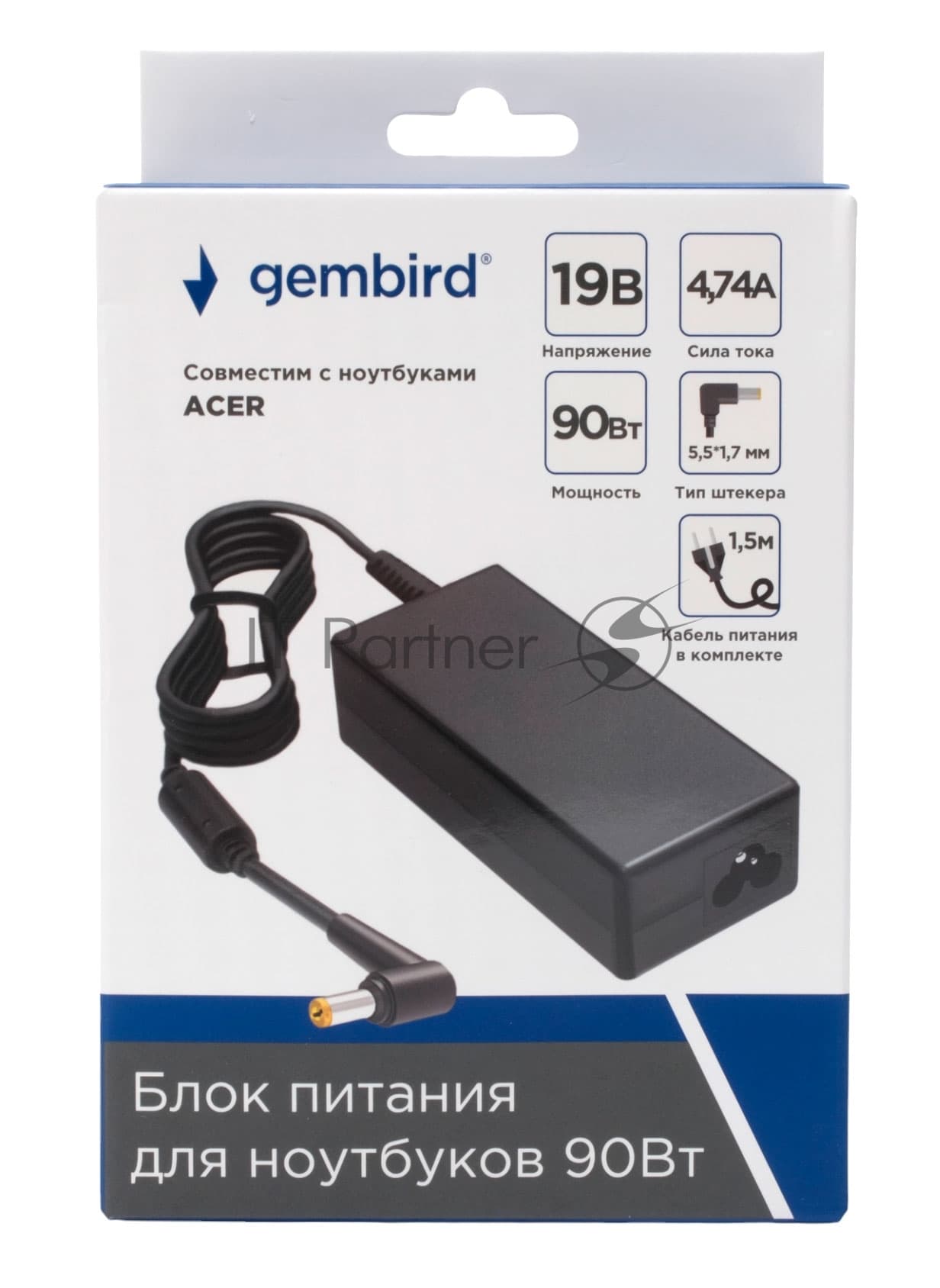 Gembird Блок питания для ноутбуков Acer 19В/4,74А, 90Вт, 1 штекер 5,5х1,7мм (NPA-AC18)