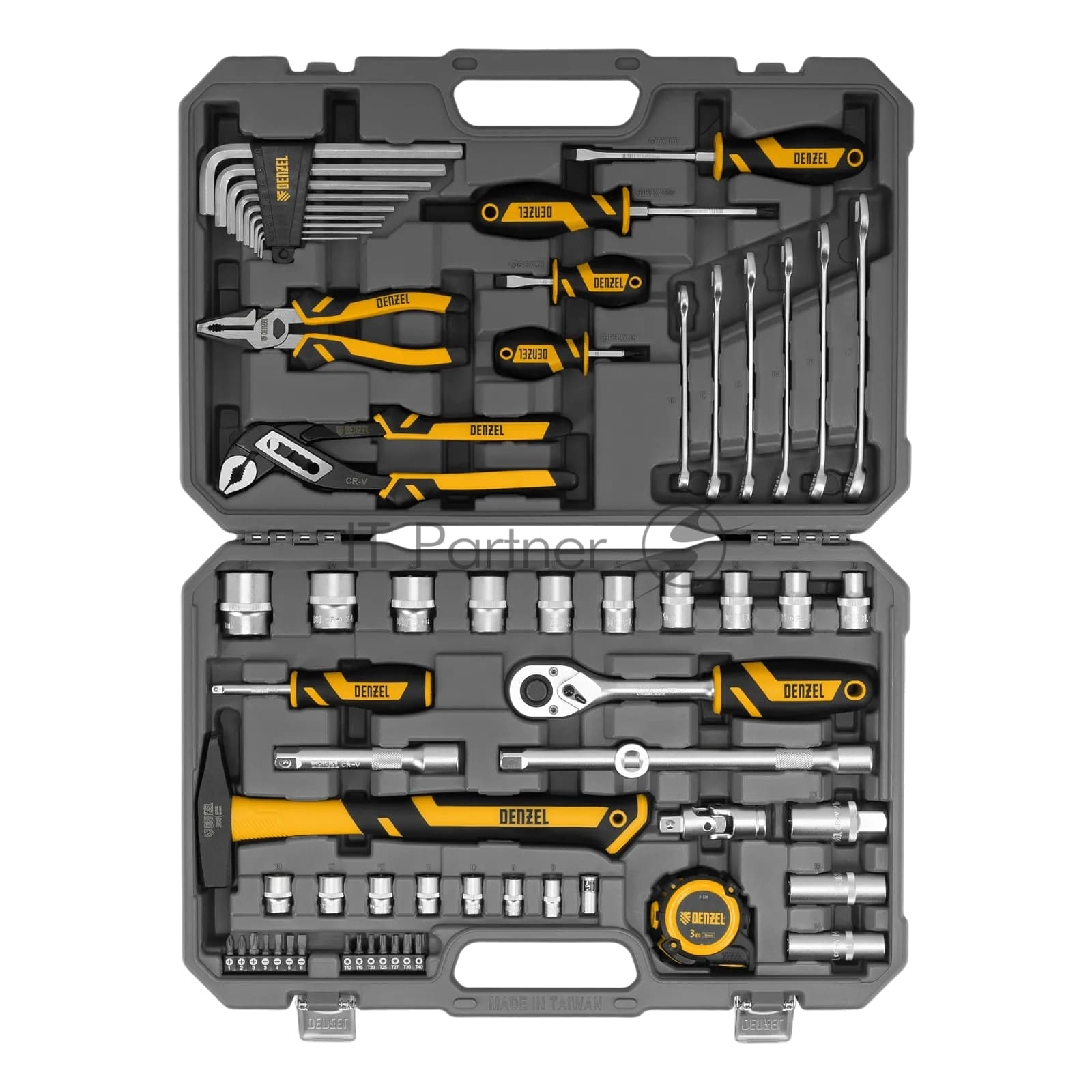 Набор инструментов Denzel 1/2", 1/4", CrV, S2, пластиковый кейс, 64 предмета
