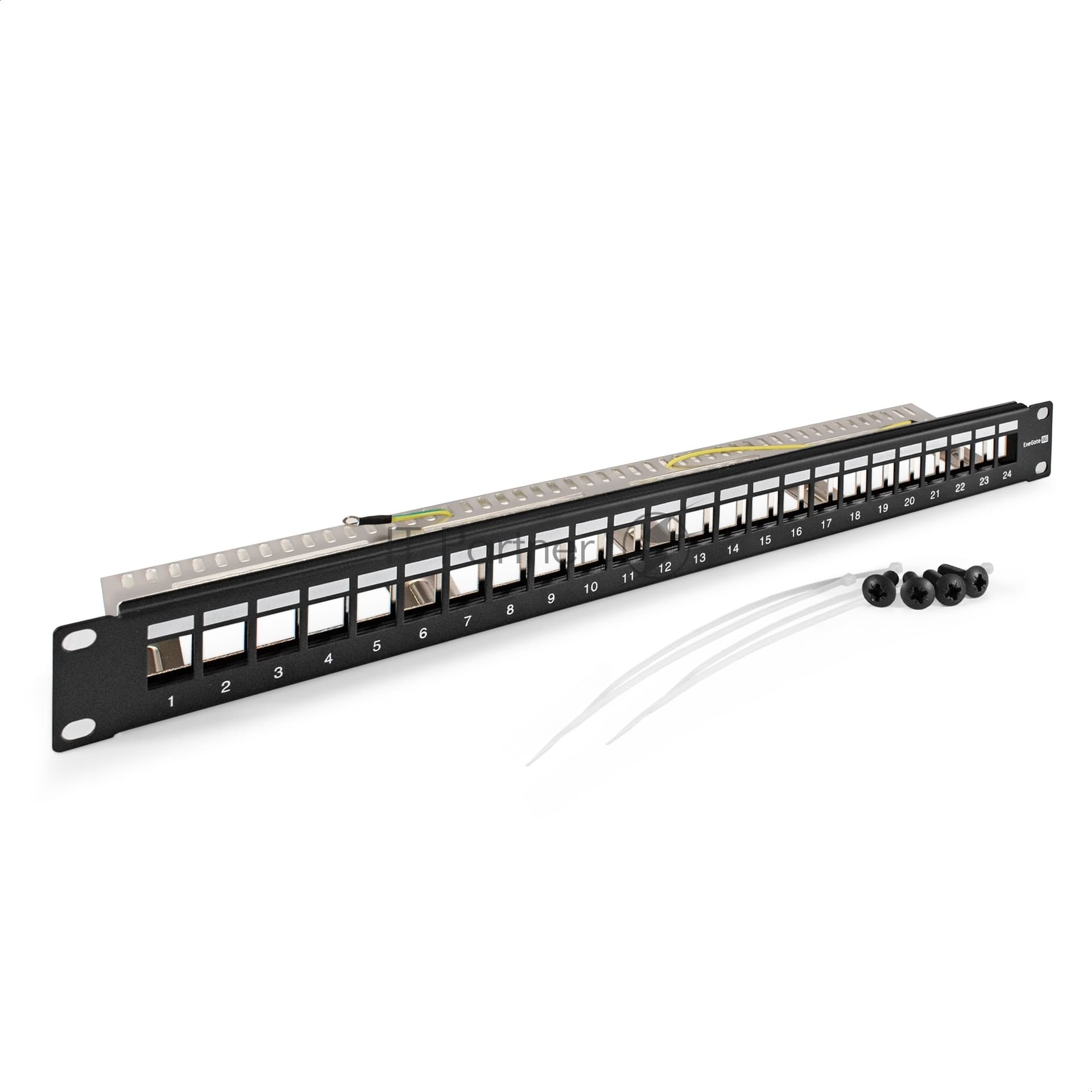 Патч-панель модульная ExeGate EPPB-19-24-STP (19", STP, 24 port, наборная, экранированная, 1U, RoHS, с кабельным органайзером, Black, RTL)