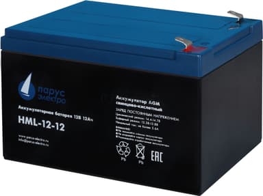Battery Parus Electro, professional series HML-12-12, voltage 12V, capacity 12Ah (discharge 20 hours), max. discharge current (5sec) 180A, max. charge current 4.8A, lead-acid type AGM, terminals F2, LxWxH 151x98x95mm., full height with terminals 101mm., weight 4kg., service life 12 years.