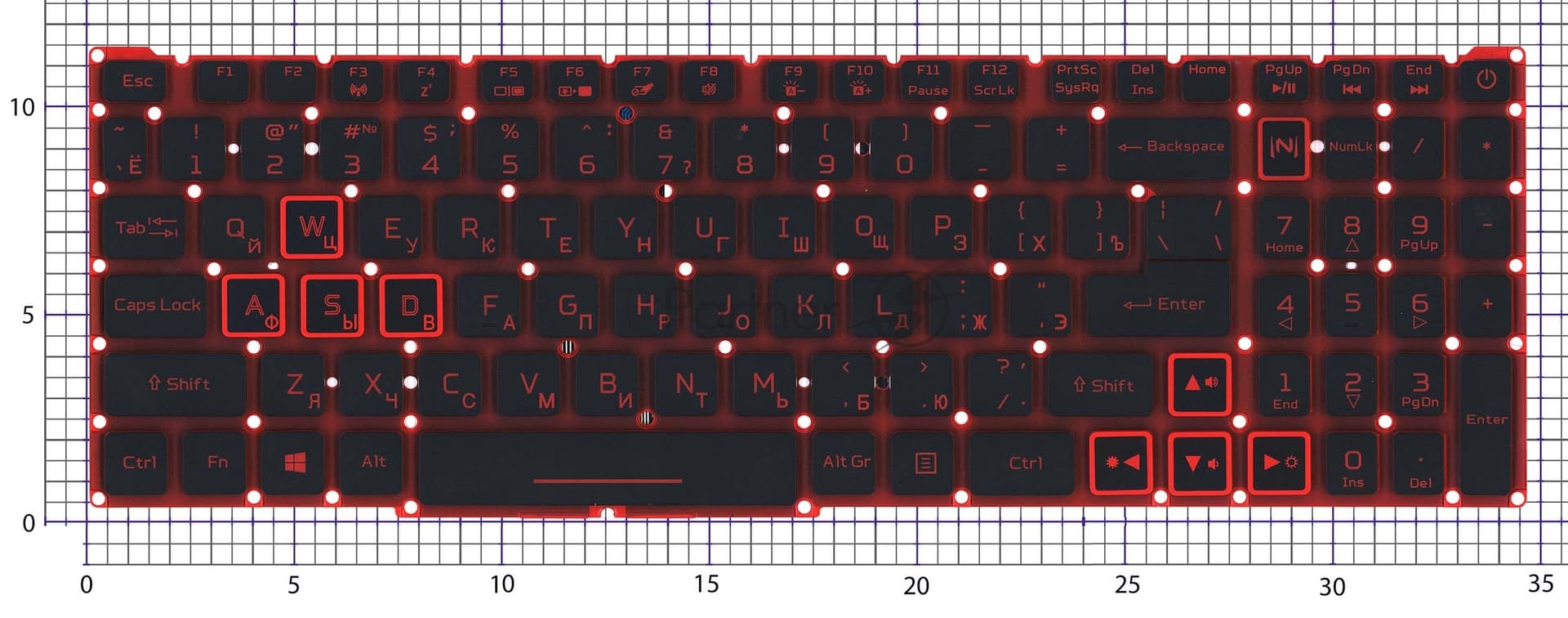 Клавиатура для ноутбука Acer Nitro 5 AN515-54 черная с красной подсветкой (красная подложка)