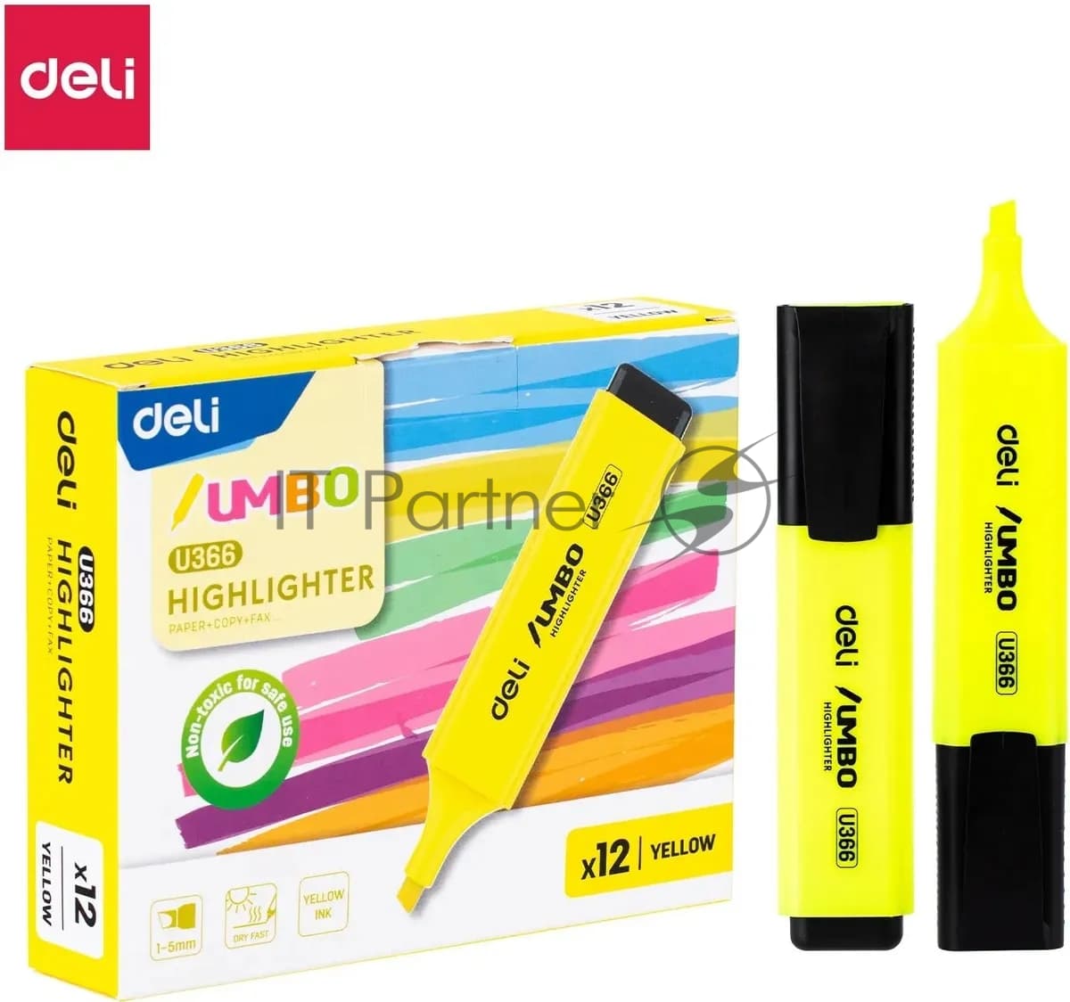 Текстовыделитель Deli EU366-YL Jumbo, скошенный пишущий наконечник, 1-5мм, желтый