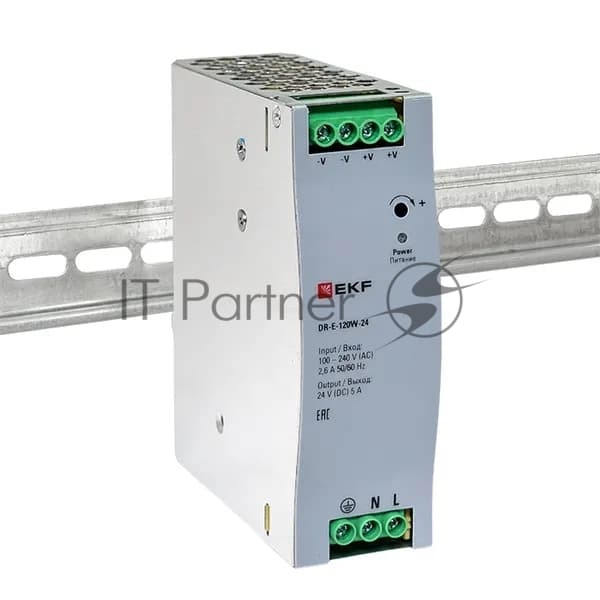 Блок питания на дин рейку EKF DR-E-120W-24 120 вт,Uвх ~ 220 В AC, Uвых - 24 В DC постоянного тока