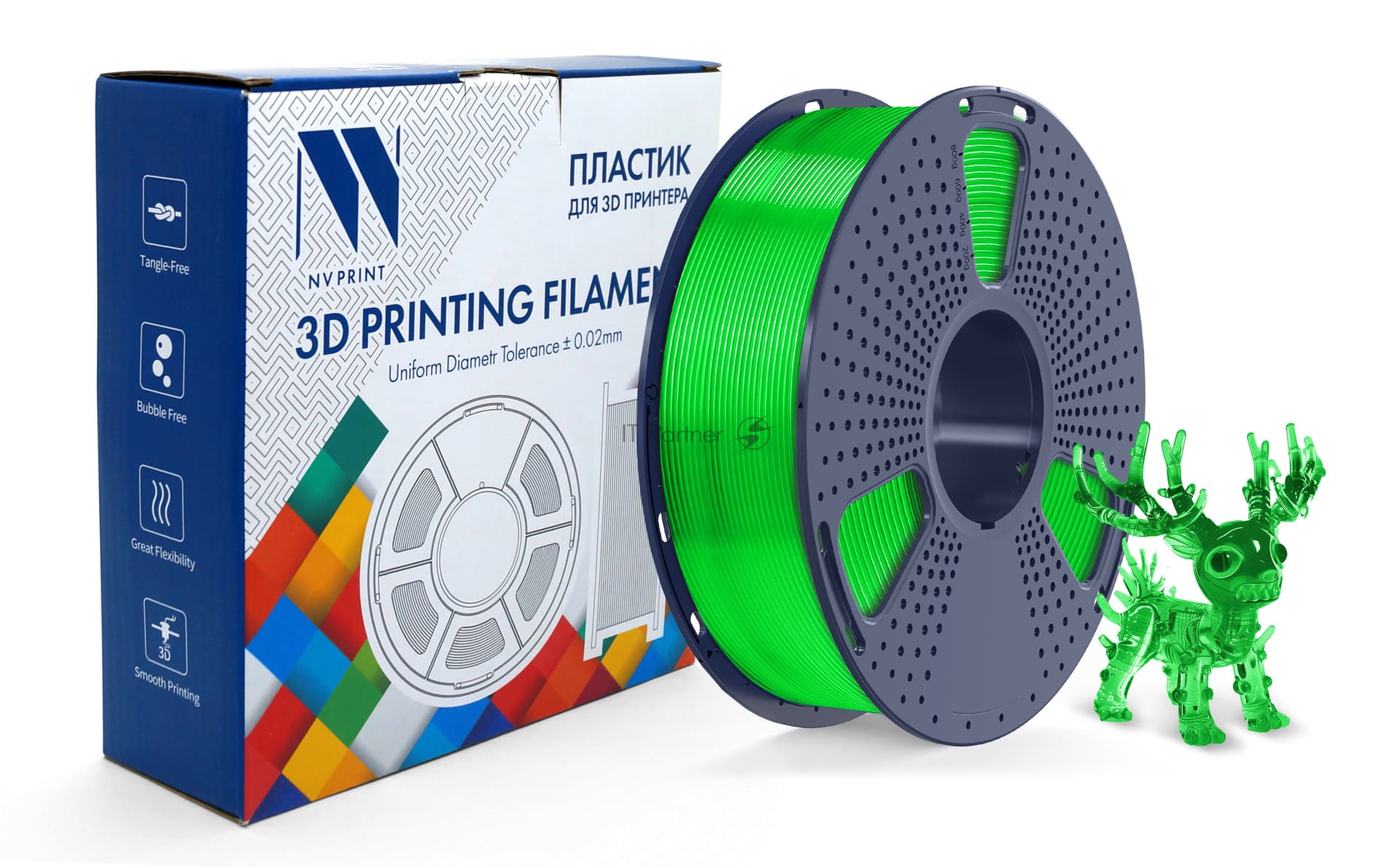 -/ Филамент NVPRINT PLA+ Trasparent Green для 3D печати диаметр 1.75мм длина 330 метров масса 1 кг