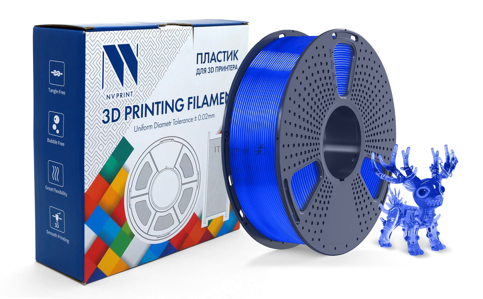 -/ Филамент NVPRINT PLA+ Trasparent Blue для 3D печати диаметр 1.75мм длина 330 метров масса 1 кг