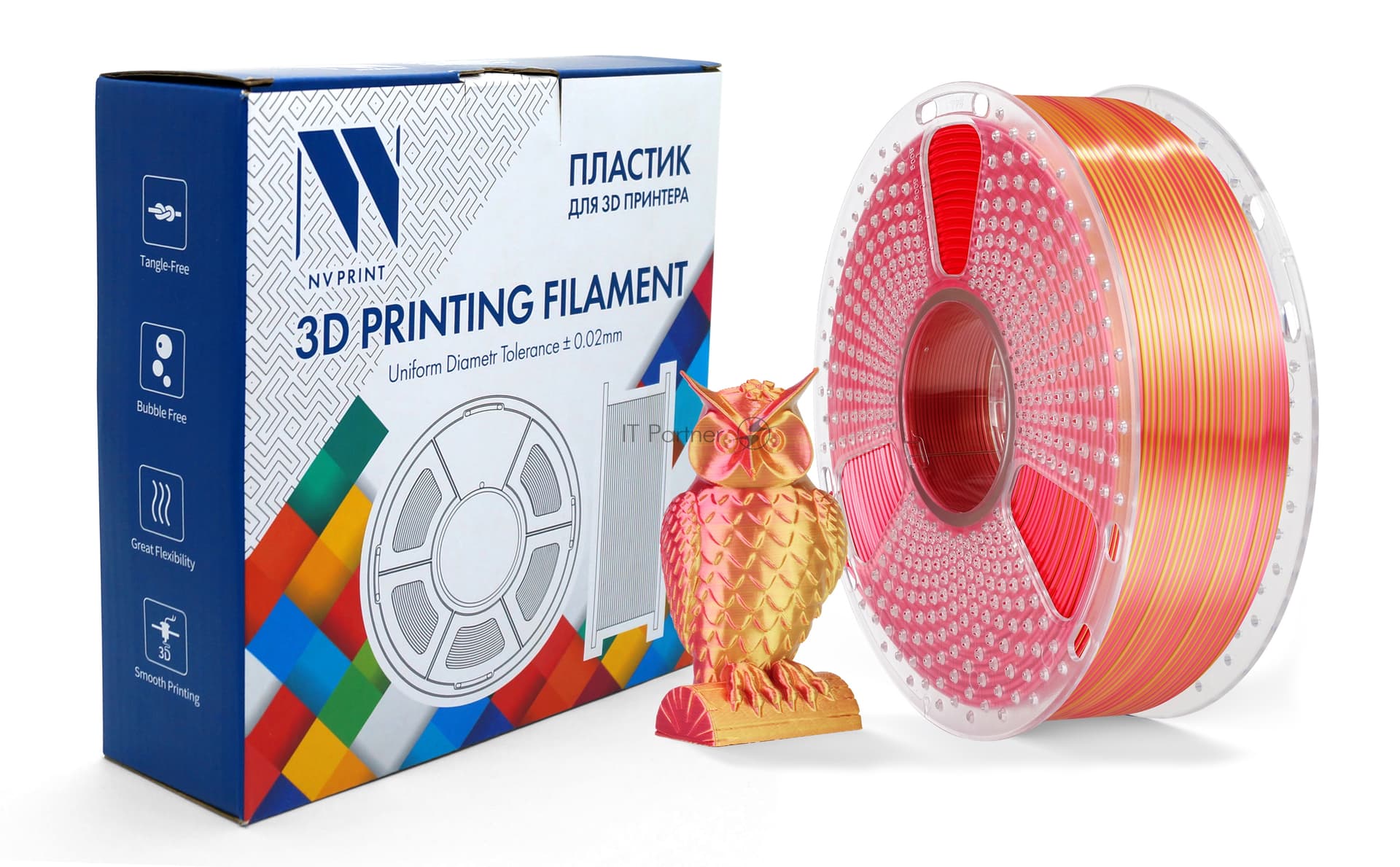 -/ Филамент NVPRINT Silk PLA+ Red/Gold для 3D печати диаметр 1.75мм длина 330 метров масса 1 кг