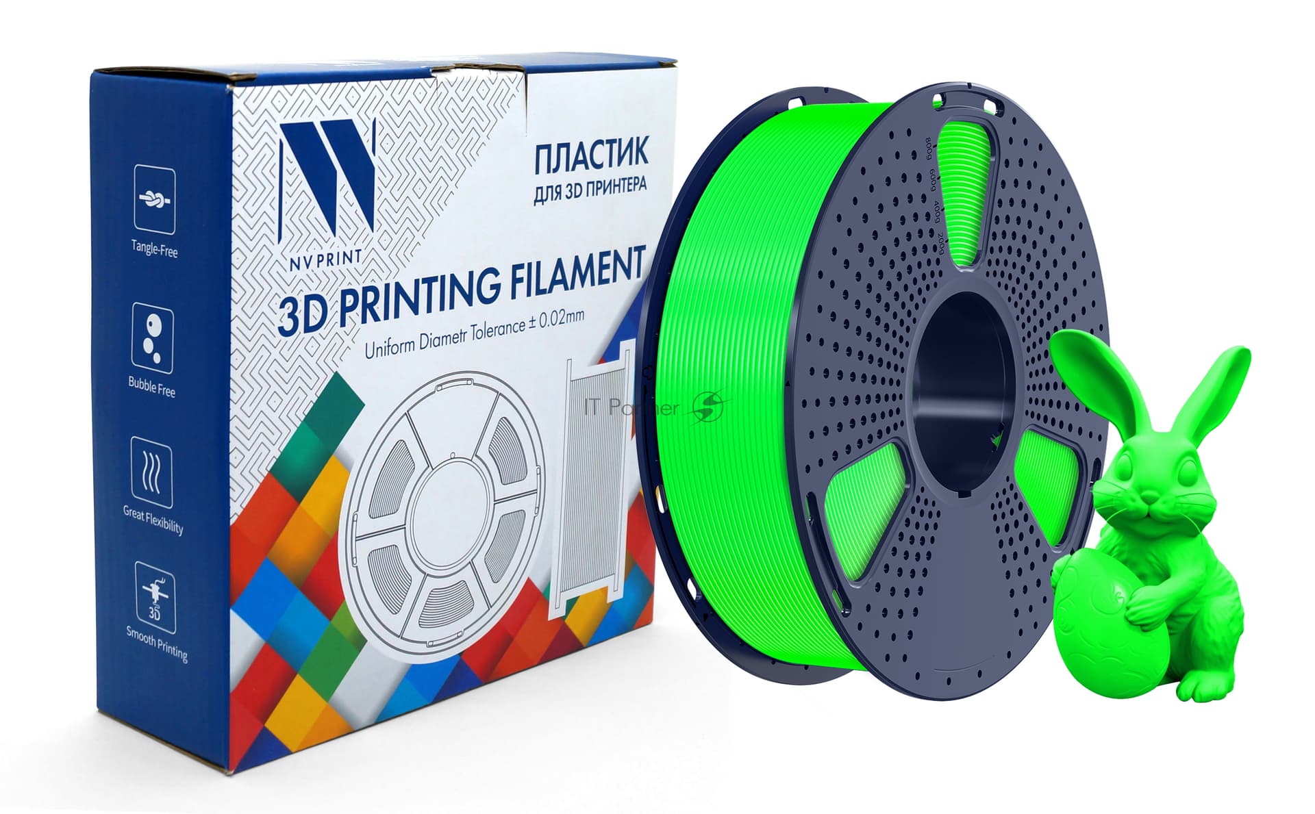 -/ Филамент NVPRINT PETG Glow Green для 3D печати диаметр 1.75мм длина 330 метров масса 1 кг