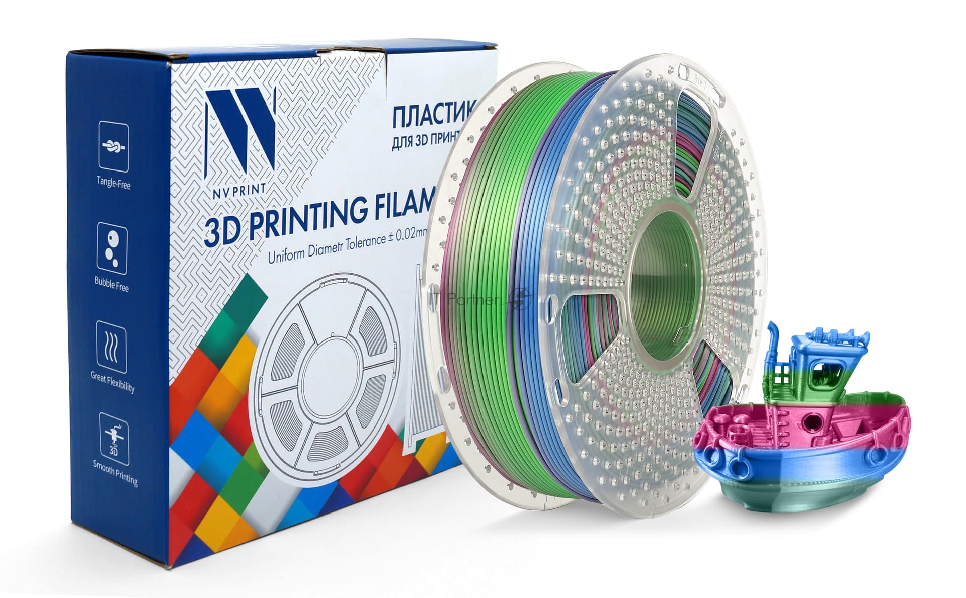 -/ Филамент NVPRINT Silk PLA+ Rainbow 06 для 3D печати диаметр 1.75мм длина 330 метров масса 1 кг