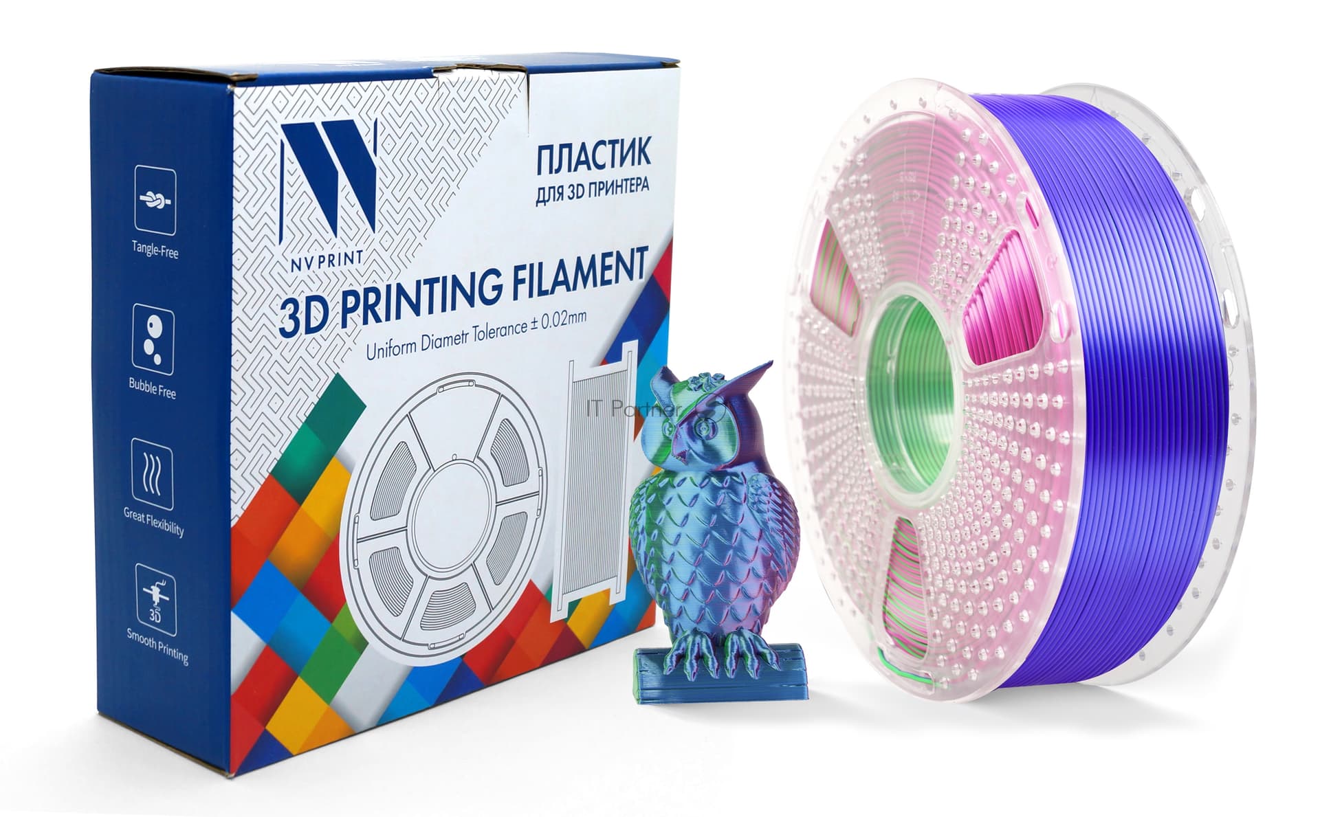 -/ Филамент NVPRINT Silk PLA+ Blue/Green/Purple для 3D печати диаметр 1.75мм длина 330 метров масса 1 кг