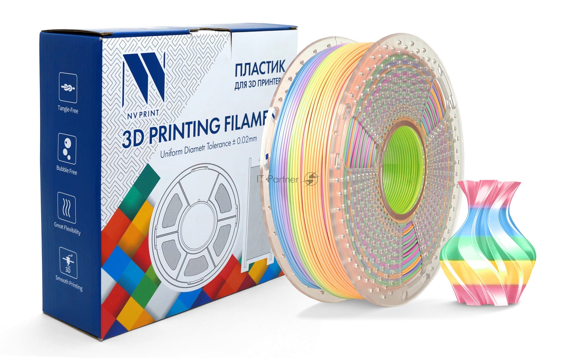 -/ Филамент NVPRINT Silk PLA+ Rainbow 04 для 3D печати диаметр 1.75мм длина 330 метров масса 1 кг