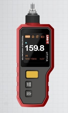 Виброметр UNI-T UT311A Ускорение (O-P): 0,1~199,9 м/с2, частотная характеристика: 10 Гц-15 кГц, Скорость (RMS): 0,1 - 199,9 мм/с, частотная характеристика: 10 Гц - 1,5 кГц, Смещение (PP): 0,001 ~ 1999 мкм, частотная характеристика: 10 Гц - 1 кГц фонарик, поворотный экран; 2,4-дюймовый цветной TFT-экран, литиевая батарея 1350 мАч/3,7 В