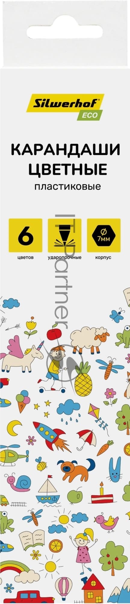 Карандаши цветные Silwerhof Eco 2.6 мм, шестигранный профиль, пластик, ассорти, 6 цветов, коробка с европодвесом