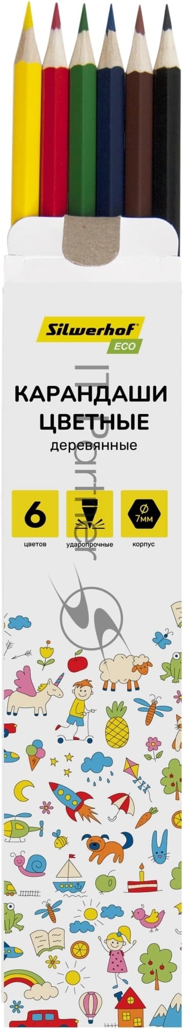 Карандаши цветные Silwerhof Eco 2.65 мм, шестигранный профиль, дерево, ассорти, 6 цветов, коробка с европодвесом