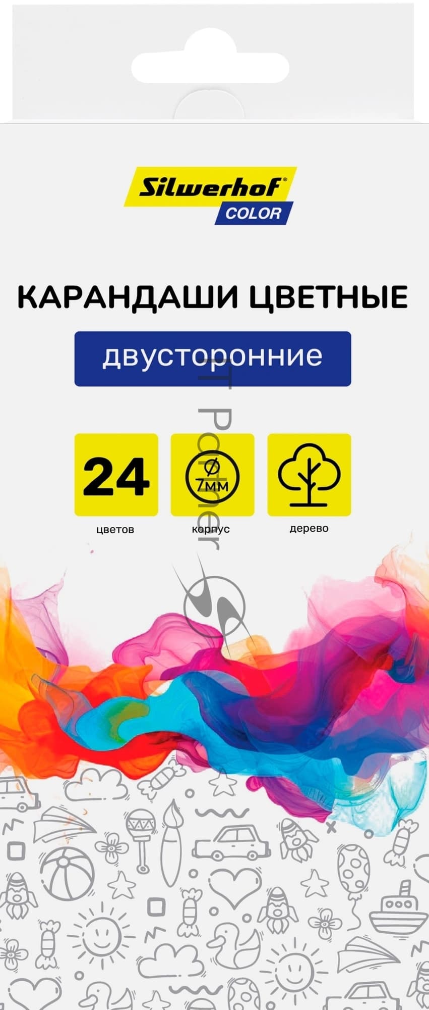 Карандаши цветные Silwerhof Color, двухцветные, 2.8мм, круглый профиль, дерево, ассорти, 24 цвета, коробка с европодвесом (12шт)