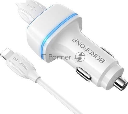 Автомобильное зарядное устройство Borofone Max BZ14, 2xUSB, 2.4А, 12 Вт, кабель Lightning 8-pin, белый